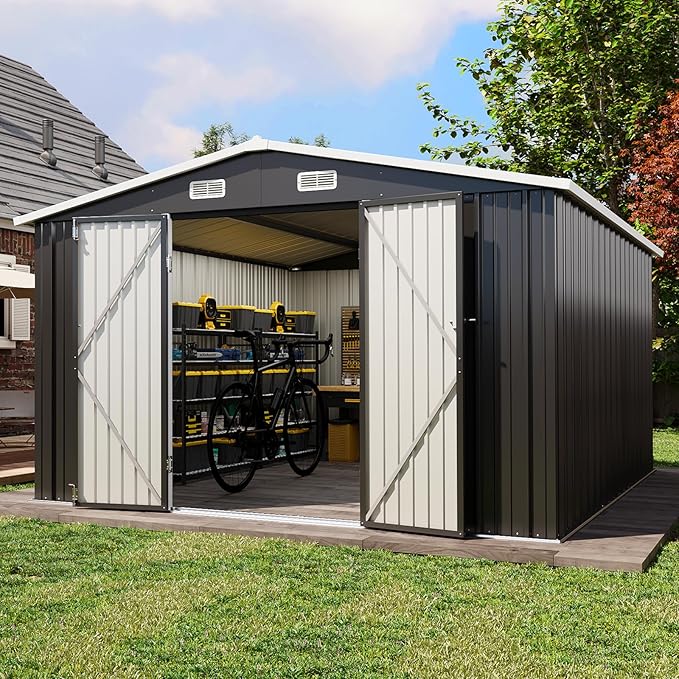 Aoxun 10x12 FT Outdoor Storage Shed - Metal Garden Tool Shed with Lockable Doors & Slooping Roof, Waterproof Outside Storage Shed Ideal for Tools, Garden Equipment & Bikes, Patio Placement(Black)