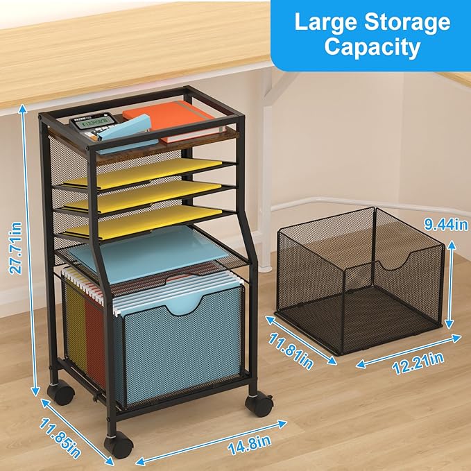 Rolling File Cart, 6-Tier Desk File Organizer on Lockable Wheels, Brown Wood Planks & Mesh Sliding Hanging Folder Drawer, Organization Cart for Office Home School