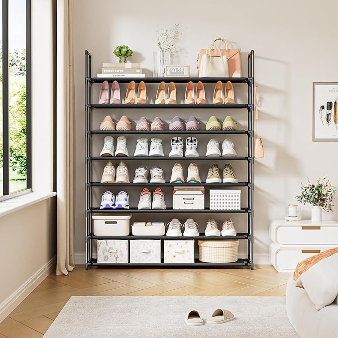 OYREL 8 Tier Shoe Organizer, 33.3in Wide x 11.2in Deep x 55.7in Tall, Black Metal and Plastic Shoe Rack, Holds up to 32-40 Pairs of Shoes