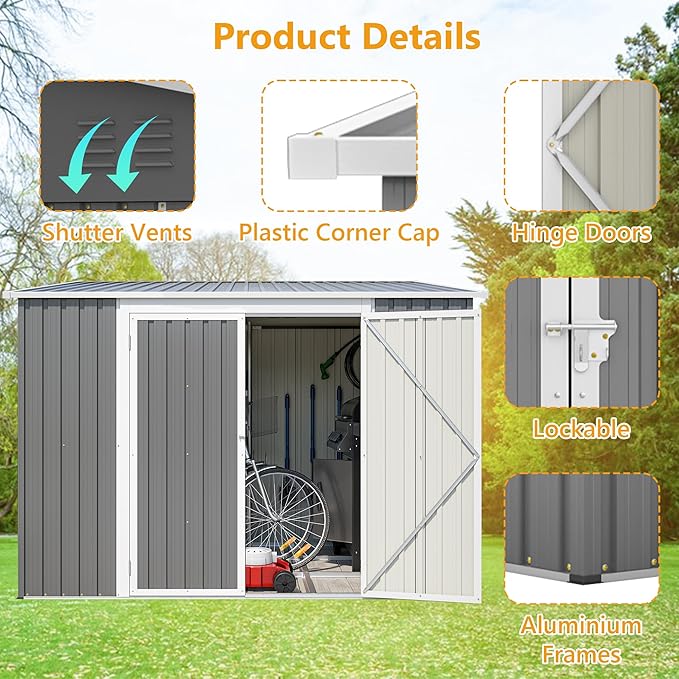 6x8FT Metal Outdoor Storage Shed with Floor Frame,Large Tool&Lawn Mower Shed with Two Lockable Doors for Garden Backyard Patio Storage,Outside Lean to Waterproof Storage Shed