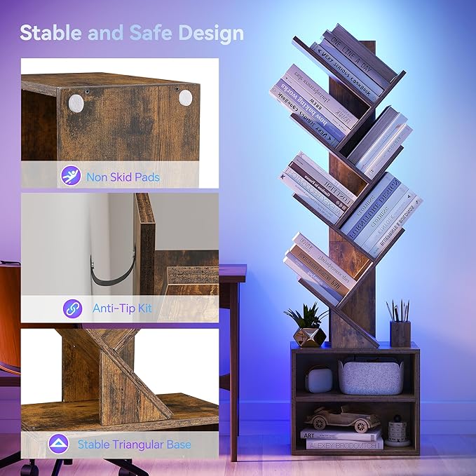 SUNMORY 6 Tier Tree Bookshelf with Lights, LED Book Tree Bookcase with Storage Organizer, Small Corner Bookshelf Floor Standing Book Shelf for Living Room, Bedroom & Home Office