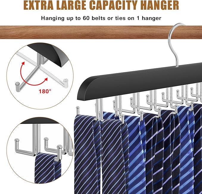 Tie Rack Hanger for Closet, 2 in 1 Belt Tie Hangers with 20 Folding Hooks, 360 Degree Rotating Wooden Tie Holder Organizer for Men Ties Belts Scarves Tank Tops Accessories, Black (2 Pack)