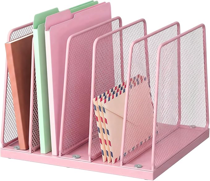 Small Desk File Organizer, 5-Section Upright File Sorter, Vertical File Folder Holder, Mesh Metal Wood Office Desktop Organization for Document, Magazine, Books and more (Pink)