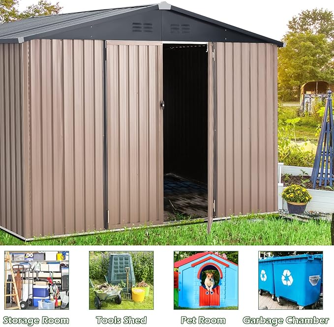 AECOJOY 8' x 10' Outdoor Storage Metal Shed, Steel Yard Garden Sheds & Outdoor Storage Clearance with Design of Lockable Doors, Utility and Tool Storage for Garden, Backyard, Patio, Outside use