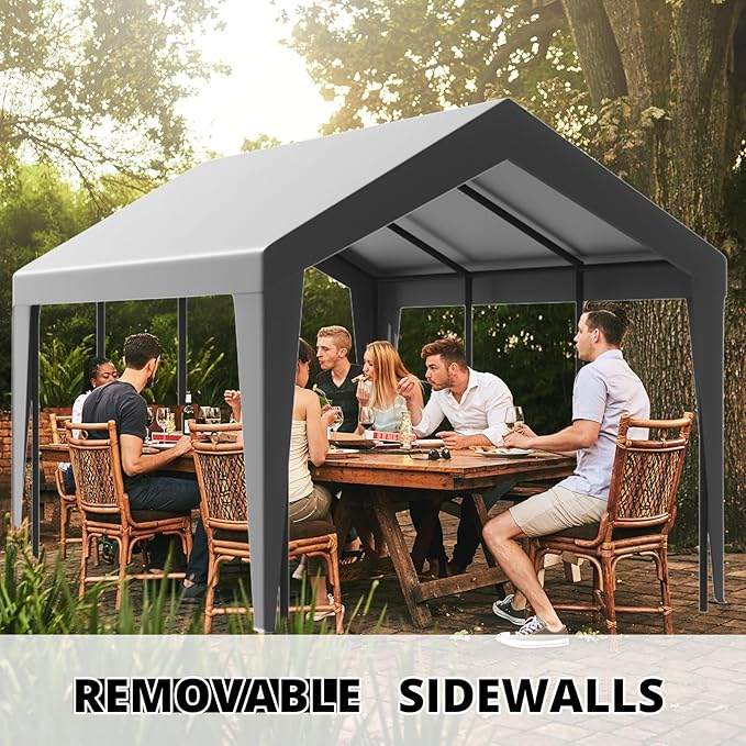 10x20 Carport, Heavy Duty Carports with Removable Sidewalls, Waterproof and UV-Resistant, Portable Outdoor Garage Shelter for Cars, Vehicles, and Boats (Grey)