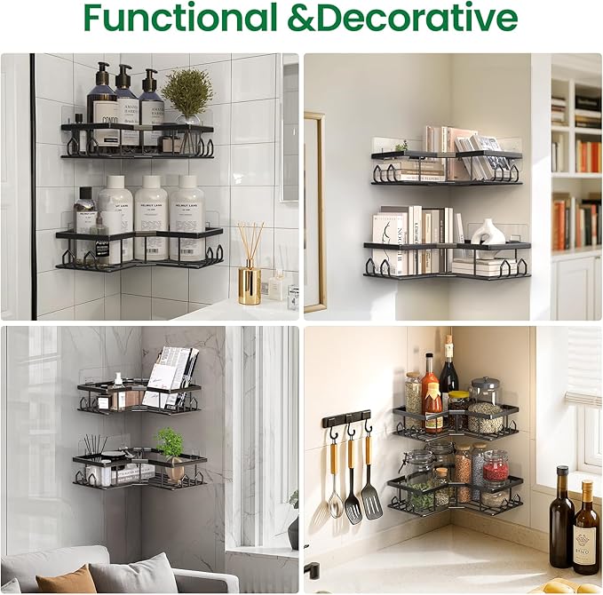 Adhesive Shower Caddy, 4 Pack Corner Bath Organizer, Rustproof Stainless Steel Shower Shelves with Large Capacity, No Drilling Shelves for Bathroom Storage, Home, Kitchen Décor
