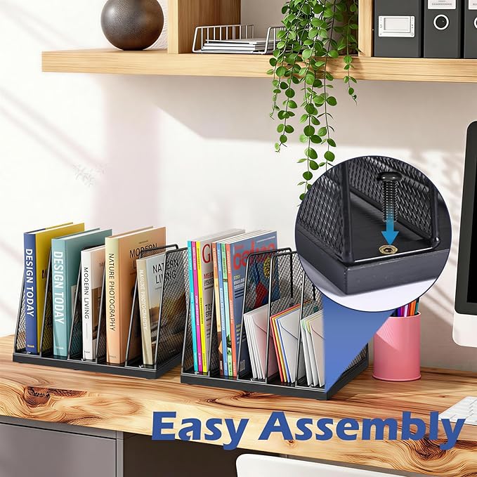 AUPSEN 5-Section Wooden Desktop File Organizer, File Sorter Storage Rack, Vertical File Holder for Office Supplies, Black