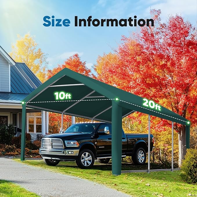 ADVANCE OUTDOOR 10x20 ft Carport Replacement Top Canopy Cover with Leg Cloth, Heavy-Duty Waterproof & UV Protected Car Garage Shelter Tent, Easy Installation with Ball Bungees, Green, Roof Only