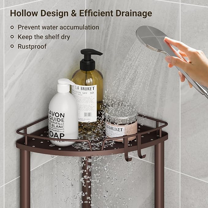 ELYKEN Corner Shower Caddy Standing, 4 Tier Rustproof Metal Shower Organizer with Soap Holder, Floor Shower Corner Shelf Rack Storage Stands with Adjustable Feet & 2 Hooks for Bathroom, Bronze