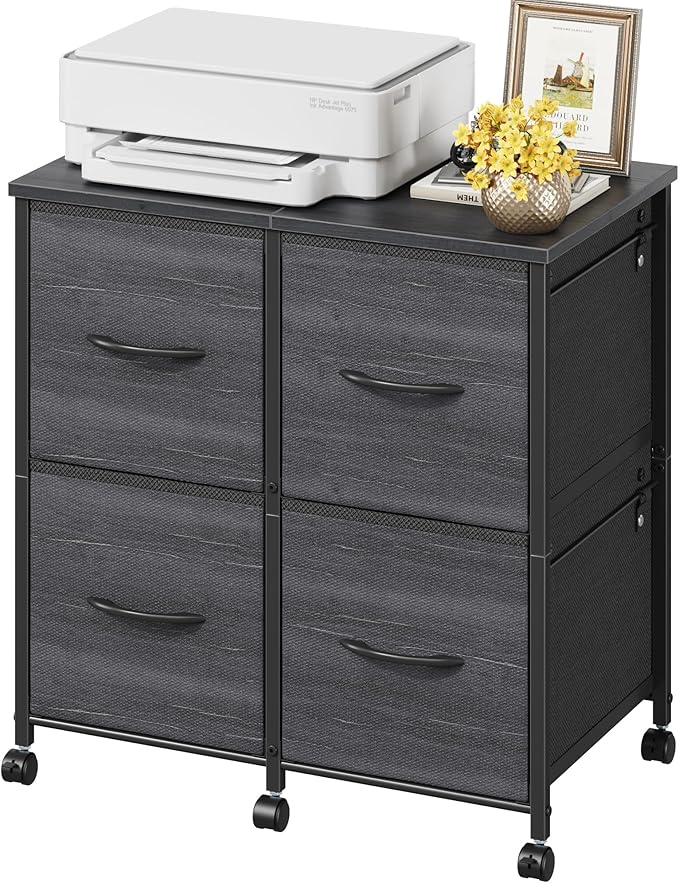 4 Drawer Lateral File Cabinet, Mobile Filing Cabinet for Large Printer, Home Office Functional Small Office Storage Cabinet & Printer Stand, Fits Letter/A4, Charcoal Black Grain Print
