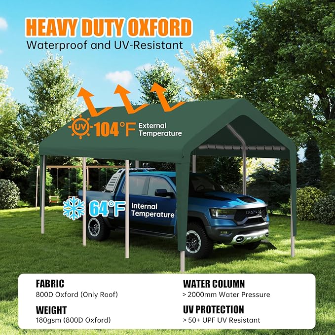 Carport Canopy 10 FTx20 FT Heavy Duty Replacement Cover, 800D Oxford Garage Shelter Cover Waterproof & UV Protected, Tarp with Ball Bungees, Not Include Frame, Dark Green