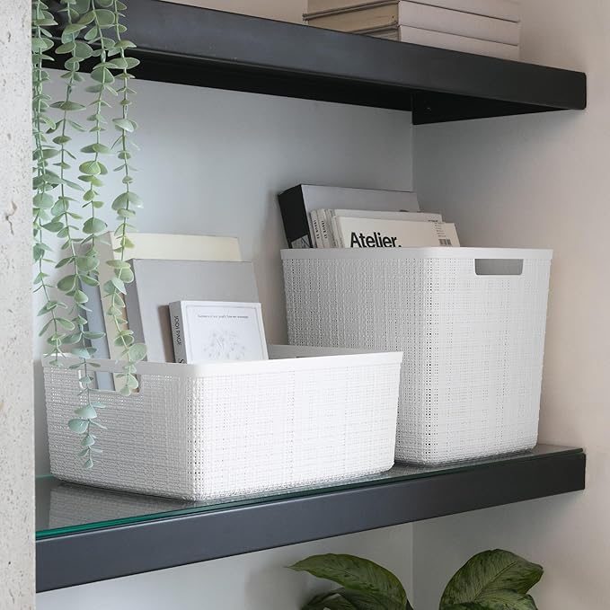 Curver Set of 6 Medium 12L Jute Decorative Plastic Organization and Storage Baskets - Perfect Bins for Home Office, Closet Shelves, Kitchen Pantry and All Bedroom Essentials, White