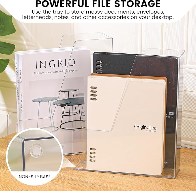 Vertical File Holder, PET Desk Organizer, Multi-purpose Plastic Document Storage Bins for Magazines, Binders, Notebooks, Envelopes, 2 Pack