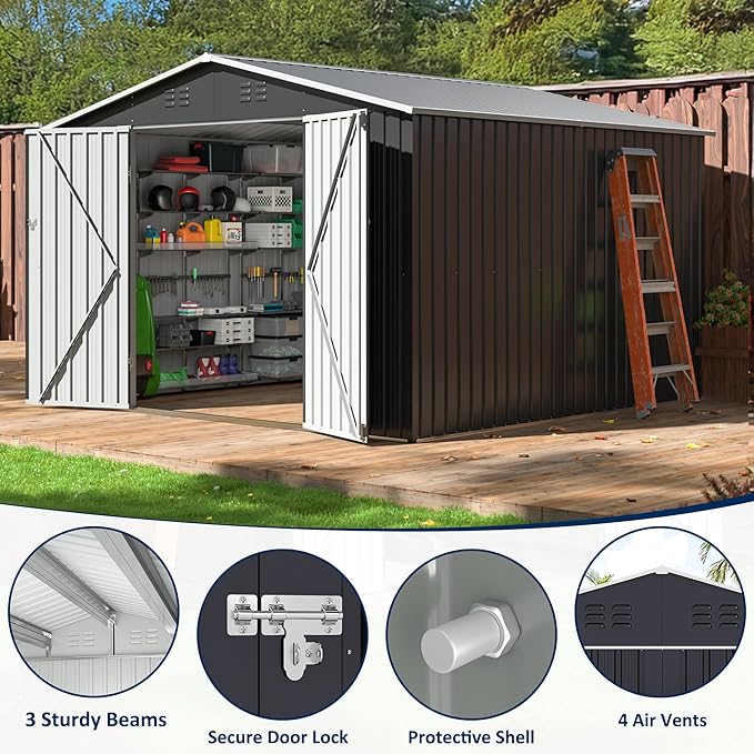 10x10 FT Storage Shed, Garden Shed with Updated Frame Structure and Lockable Doors, Metal Tool Sheds for Backyard Garden Patio Lawn, Grey