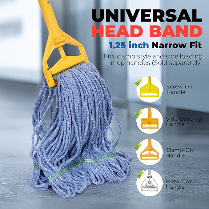 Onesimus 20 oz Mop Head Replacement, Industrial Mops for Floor Cleaning Heavy Duty 4-Ply Cotton Blend Looped End Wet Mop Refills 1.25 in Universal Headband, Large Blue, Case Pack 12 Pcs