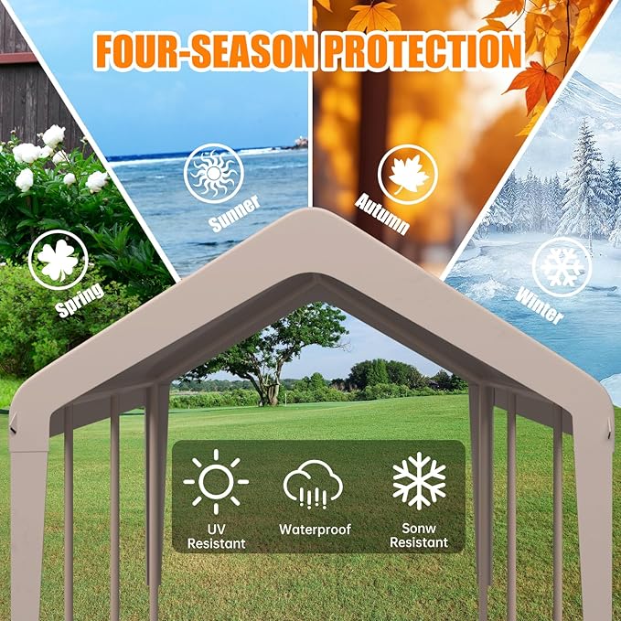 Carport Canopy 10'x20' Heavy Duty Replacement Cover, Garage Shelter Cover 800D Oxford Waterproof & UV Protected Tarp with Ball Bungees, Not Include Frame - Beige