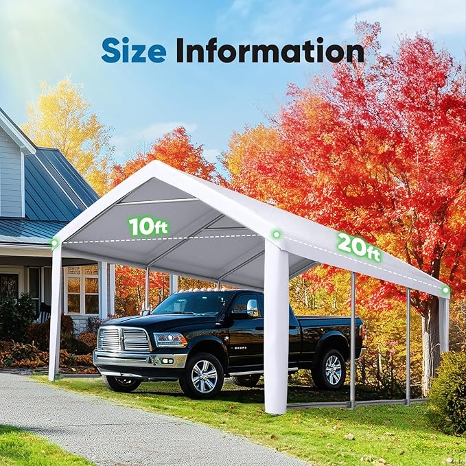 ADVANCE OUTDOOR 10x20 ft Carport Replacement Top Canopy Cover with Leg Cloth, Heavy-Duty Waterproof & UV Protected Car Garage Shelter Tent, Easy Installation with Ball Bungees, White, Roof Only