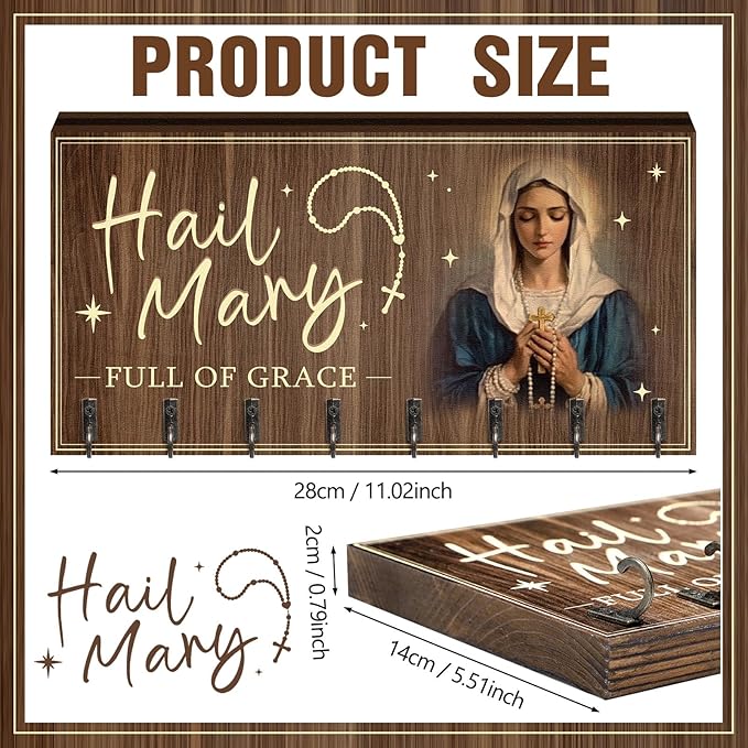 Large Wooden Rosary Holder Wall Mounted with 8 Hangers Catholic Rosary Storage Organizer Decorative Hanger Holder for Necklace, Bracelet Prayer Storage(Classic)