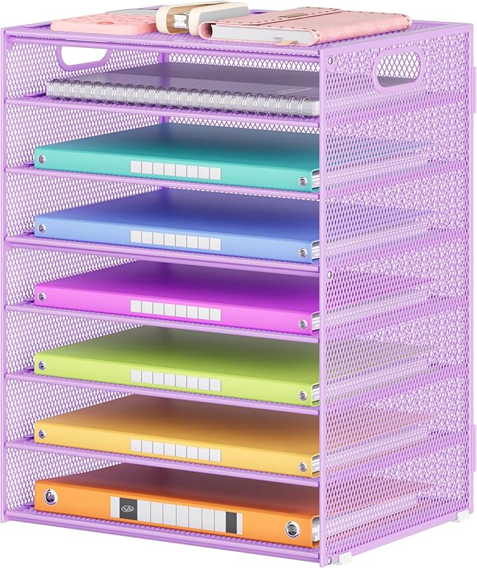 Lavatino 8-Tier Office Desk File Organizer, Letter Tray Paper Organizer with Handle, Including 5 Adjustable Slide Trays for Organizing Desktop Workspace Accessories and Supplies (Purple Metal Mesh)