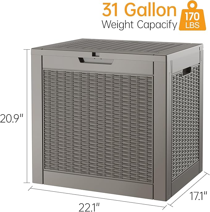 Oudoor Storage Deck Boxes Waterproof, Waterproof and UV Resistant Outdoor Storage Box Lockable Lid for Delivery Box, Indoor, Garden Tools, Pool Supplies, Patio (Grey, 31 Gallon)