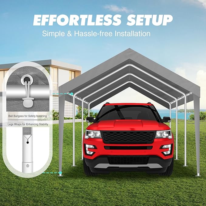 10x20FT Carport Canopy Replacement Cover Heavy Duty Waterproof & UV Protected, All Weather Car Shade Canopy with Ball Bungees (Grey, 10'x20', Frame is not Included)