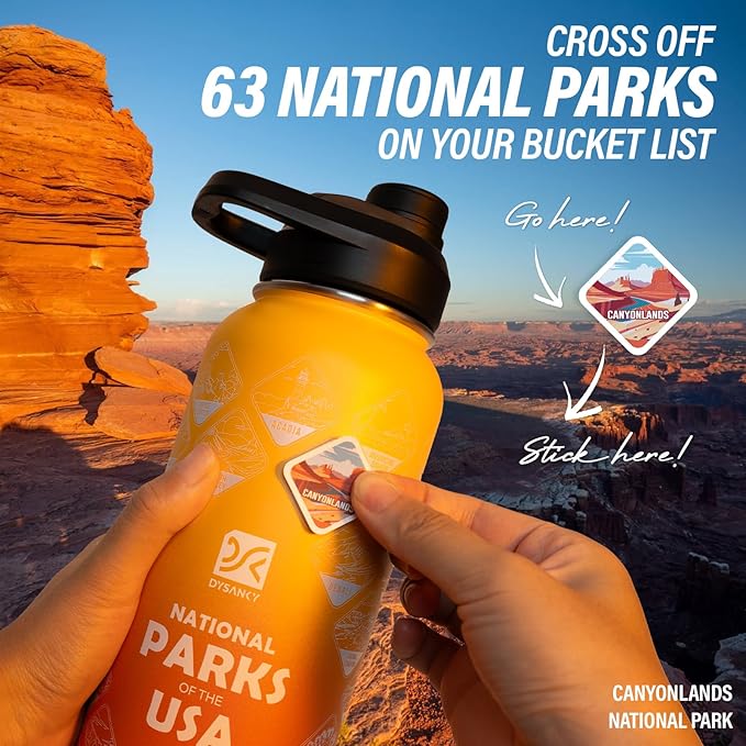 National Parks Water Bottle – 40 oz Insulated Stainless Steel Bottle with 63 Hand-Drawn Park Stickers, Carrier Bag, Strap & Gift Box – BPA-Free – Ideal for Hiking, Camping & Travel