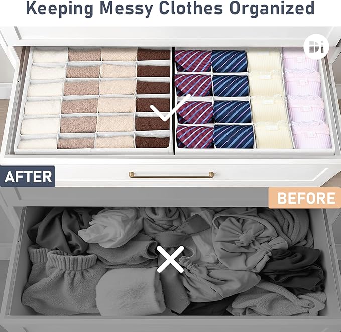 Joyoldelf Drawer Organizer 4 Pack - 2 x 24 Cell + 2 x 16 Cell Closet Organizers and Storage Dividers for Socks, Handkerchiefs, Ties, Belts (White)