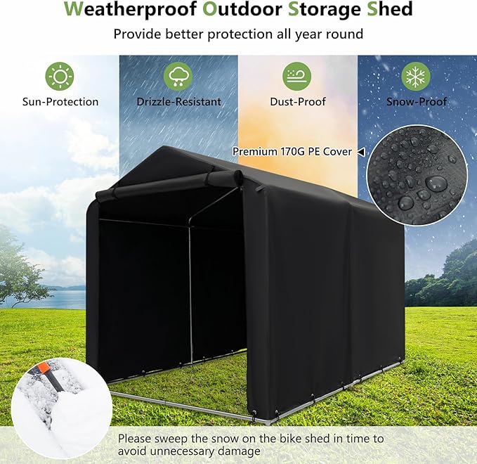 Goplus Portable Storage Shed, 7 x 5.2 x 5.4 Ft Heavy Duty Motorcycle Shed w/Roll-Up Zipper Door, Metal Frame, Waterproof Cover & Wind Rope, Outdoor Storage Tent Shelter for Bike, Garden Tools
