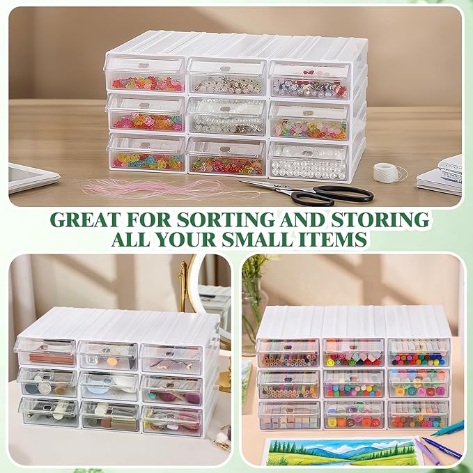 9 Pcs Stacking Office Drawer Organizers - Desktop & Wall Mounted 9 Drawer Storage Closet with 18pcs Clear Dividers Multifunctional Organizer Rack with 9pcs Tag Card for Home Small Items