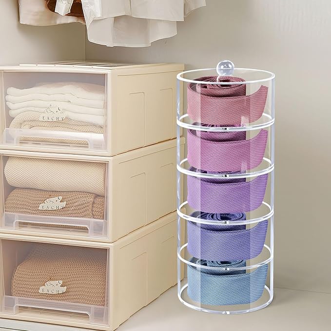 Belt Organizer, 5-Tier Acrylic Belt Storage & Holder for Closet, Clear Acrylic Display Case with Dust Cover for Belts