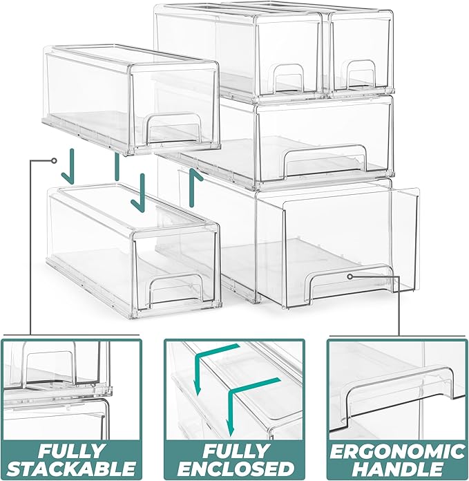 Sorbus Small Clear Stackable Storage Drawers – 6 -Pack Plastic Organizer Bins with Handles – Stackable Pull-Out Storage Drawers for Closet, Pantry, Office, Bathroom, Craft, and Toy Organization