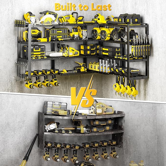 Extra Large 64" W Power Tool Organizer Wall Mount, Load 1000 lbs, Heavy Duty 4 Tier Garage Storage Rack with 8 Drill Holders, 2 in 1 Corner or Straight Installation, Gift for Men