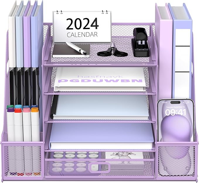 SUPEASY Mesh Desk Organizer with File Holder, 5-Tier Paper Letter Tray Organizer with Magazine Holder, Desktop Organizer and Storage with Drawer for Office Supplies Home or School (Purple)