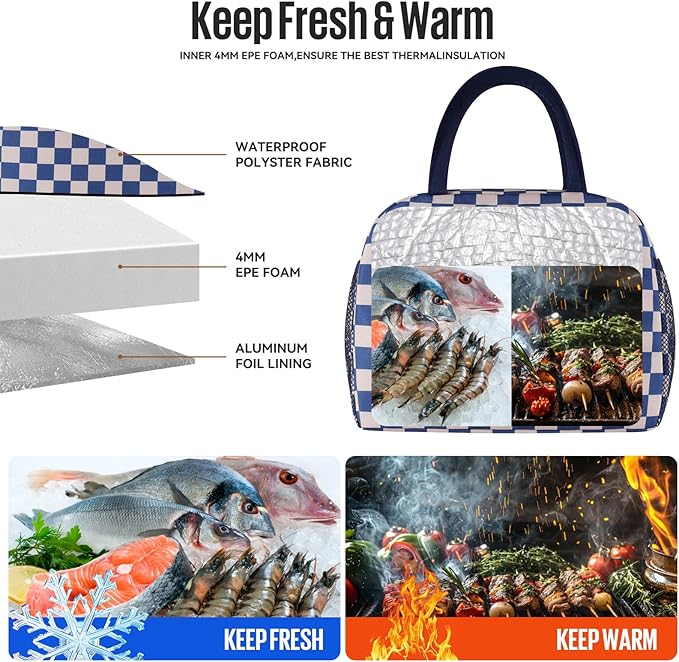 Lunch Bag Women/Men Lunch Box Women/Men (Blue+Beige Checkerboard)