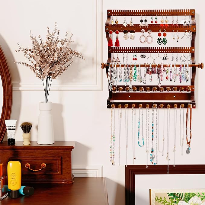 Wall Jewelry Organizer 6-Tier Bracelet Holder Jewelry Organizer Wall-Mounted Wooden Hanging Jewelry holder for Necklace Holder, Ring Display, & Earring Storage for Home or Gift