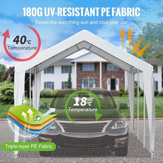 VEVOR Carport Replacement Canopy Cover, 10 x 20 ft, Ripstop Triple-Layer PE Fabric Garage Top Tarp Shelter Cover, UV Resistant Waterproof Car Cover Tent for Carports (Frame is not Included), White