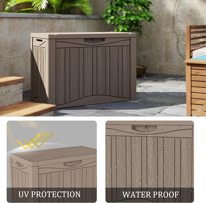 50 Gallon Lockable Resin Outdoor Storage Box, Waterproof & Weather Resistant Deck Box for Patio Cushion, Garden Tools & Pool Accessories, Grey