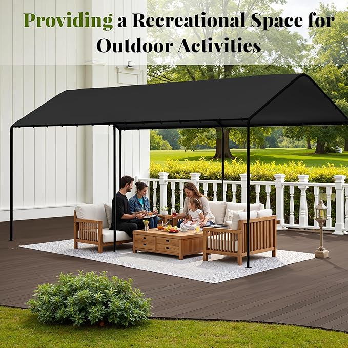 Carport, 10‘ x 20’ Heavy Duty Portable Garage All-Season Car Canopy, Outdoor Garage Boat Shelter Carport Canopy Party Tent w/Water-Resistant Tarp for Backyard (Black, 10' x 20' /no Side)