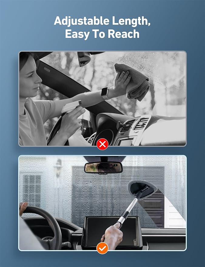 AstroAI Windshield Cleaning Tool, Car Window Cleaner Windshield Cleaner with 8 Reusable and Washable Microfiber Pads and Extendable Handle Auto Inside Glass Wiper Kit, Gray, 2 Pack