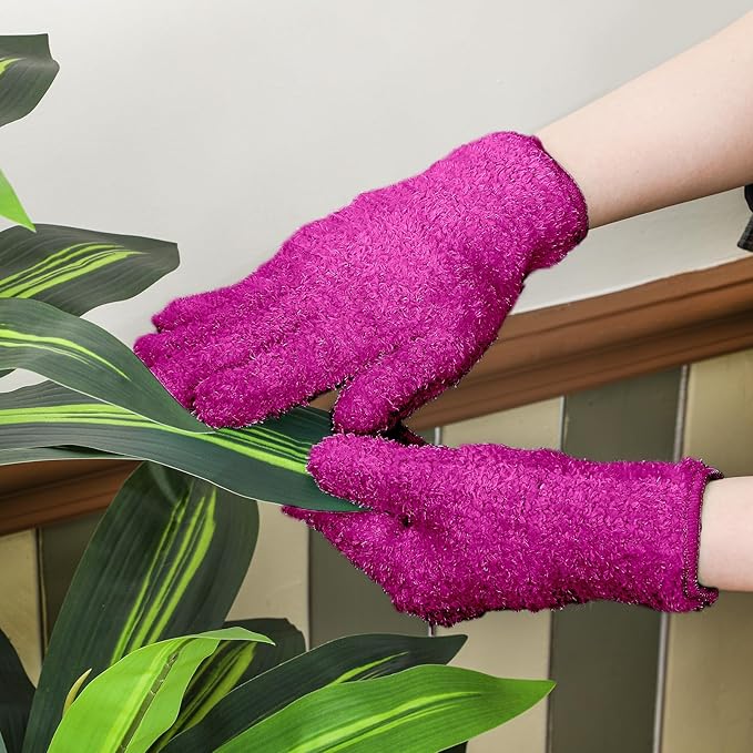 Patelai 3 Pairs Microfiber Plant Dusting Gloves Leaf Cleaning Gloves for Indoor Plants, Blinds, Furniture, House (Small,Purple, Rose Red, Black)