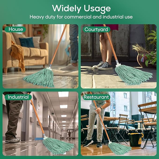 Matthew Cleaning Screw-on Heavy Duty Cotton Wet Mop Replacement Heads(Green, Medium,12 Pack) with 2 Pack Microfiber Cloth for Residential & Commercial Floor Cleaning Use- Fit Standard American Screw