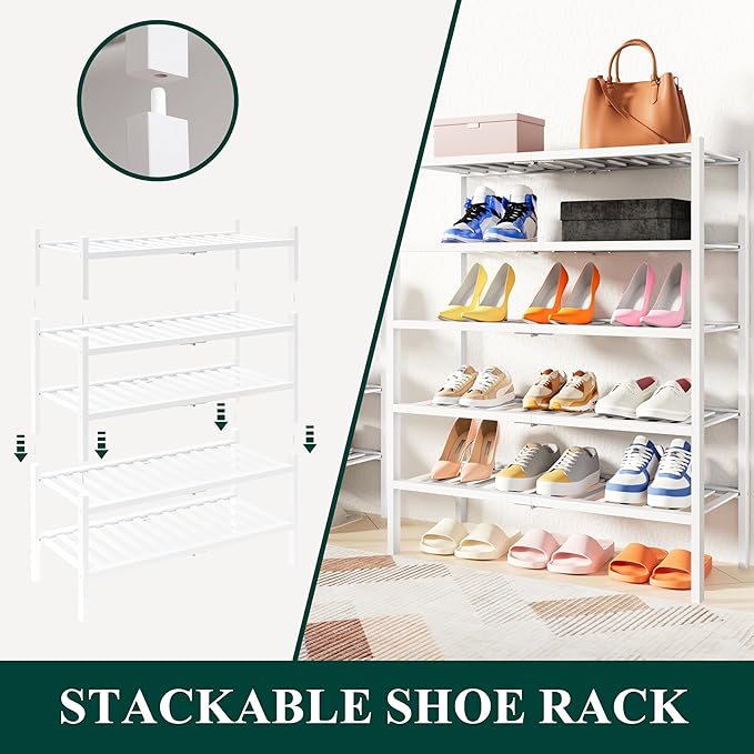 Smiry Shoe Rack, 6 Tier Thick Small Bamboo Shoe Organizer, Stackable Free Standing Wooden Shoe Storage Shelf for Closet, Entryway, Front Door Entrance, White