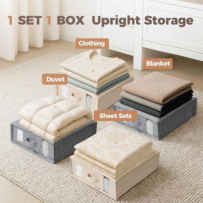 8Pack Sheet Organizers for Linen Closet - King/Queen Size Bedding Storage Boxes with Clear Window | Foldable, Dustproof Linen Organizer for Blankets & Sheet Sets,Beige