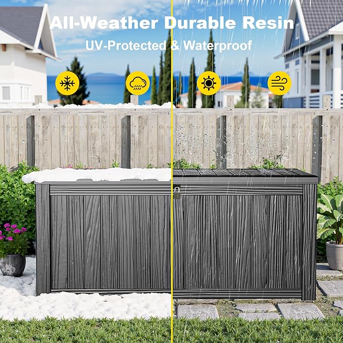 150 Gallon Waterproof Outdoor Storage Box, UV Resistant Resin Deck Box with Hydraulic Rod for Reinforced Stability, Perfect for Patio, Garden, and Pool, Striped Black