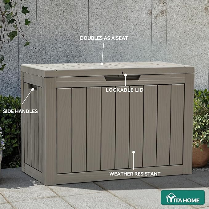 YITAHOME Outdoor Storage Box, 45 Gallon Waterproof Resin Deck Box, Lockable Organizer for Patio, Poolside, Deck, Cushions, Throw Pillows, Garden Tools, Brown