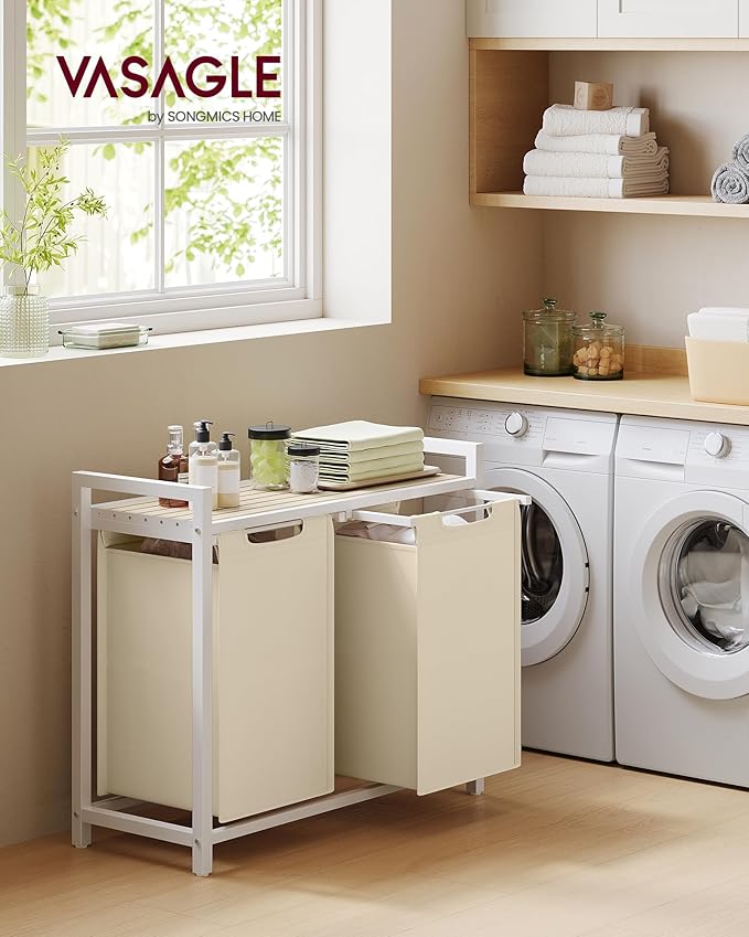 VASAGLE Laundry Hamper, Laundry Basket Sorter with 2 Pull-Out and Removable Bags, Shelf, Metal Frame, 2 x 12.1 Gallons (46 L), 28.8 x 13 x 28.4 Inches, Cappuccino Beige and Natural Beige UBLH201LH01