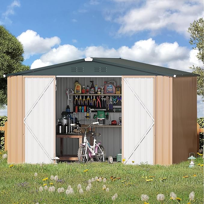 AECOJOY 8' x 10' Outdoor Storage Metal Shed, Steel Yard Garden Sheds & Outdoor Storage Clearance with Design of Lockable Doors, Utility and Tool Storage for Garden, Backyard, Patio, Outside use