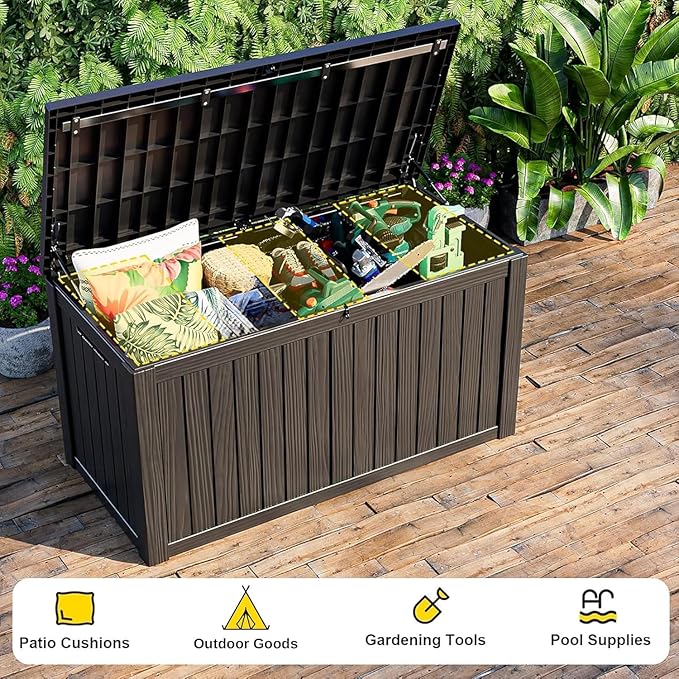 280 Gallon Waterproof Outdoor Storage Box, UV Resistant Resin Deck Box with Hydraulic Rod for Reinforced Stability, Perfect for Patio, Garden, and Pool（Black，280 Gallon）