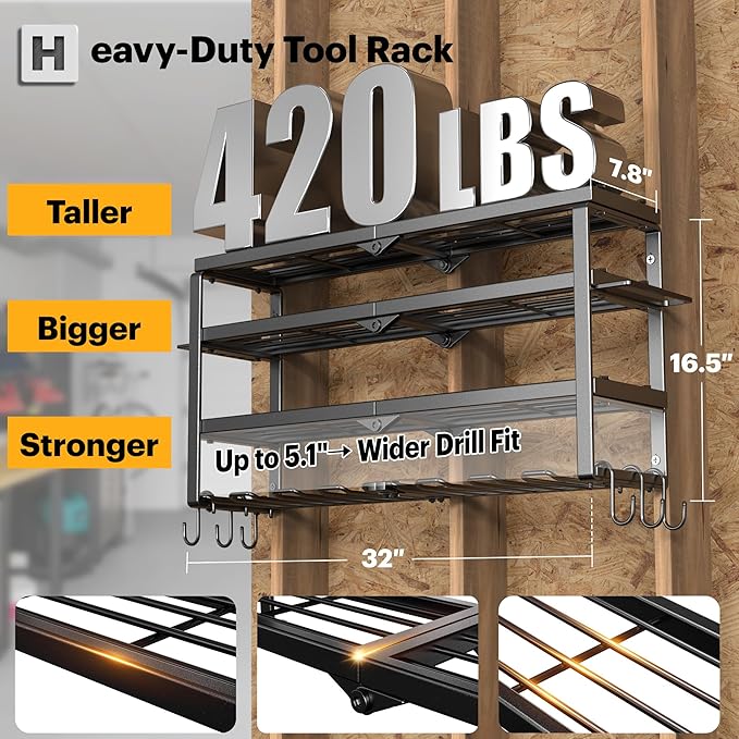 Power Tool Organizer Wall Mount, 15 Min Assembly & Maximum 150lb load by Heavy Duty Metal, 4/6/8 Drill Holder, 4 Layers Garage organization and Tool Storage, Tools Holder for Workshop/Shed