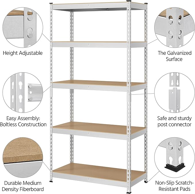 Topeakmart 5-Tier Utility Shelves, Metal Storage Shelves Garage Shelving Unit Adjustable Garage Storage Shelves Storage Racks Heavy Duty Shed Shelving- Silver, 35.5 x 17.5 x 72 Inch